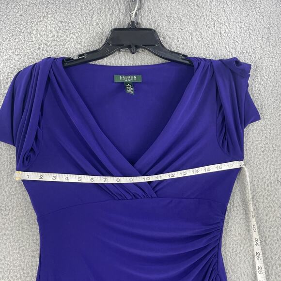 Lauren Ralph Lauren Dress Womens 8 Ruched Stretch V Neck 3/4 Sleeve Elegant - Picture 2 of 11